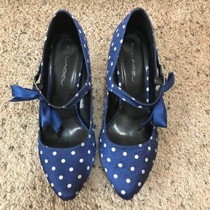 Navy polka nautical satin Mary Jane heels with bow